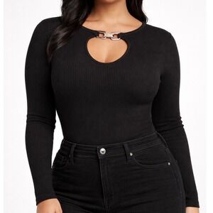 Ashley‎ Stewart Ribbed Cutout Sweater 18 20 Silver Buckle Bling Y2K Night Out